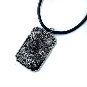 Chinese Dragon Necklace‎ Unisex Grey Black String Dog Tag Pendant Zinc Alloy
